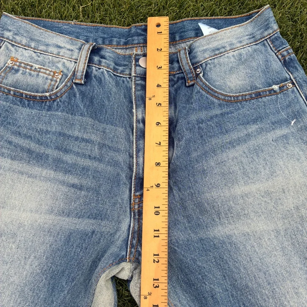 MNML Mens 29x30 Paneled Flare Jeans Light Wash Distressed Blue Cream Streetwear